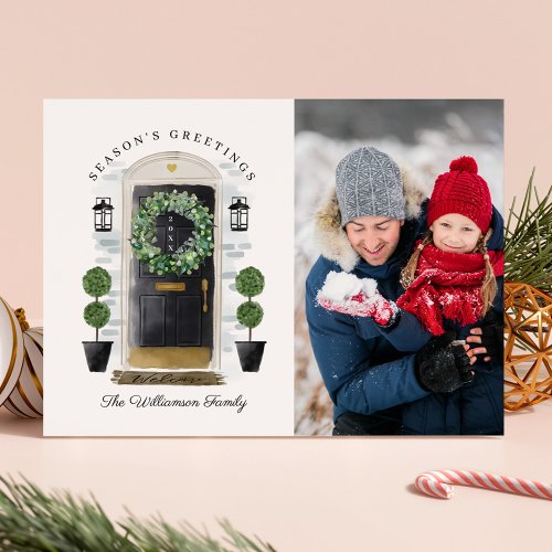 Seasons Greeting Black Watercolor Front Door Photo Holiday Card