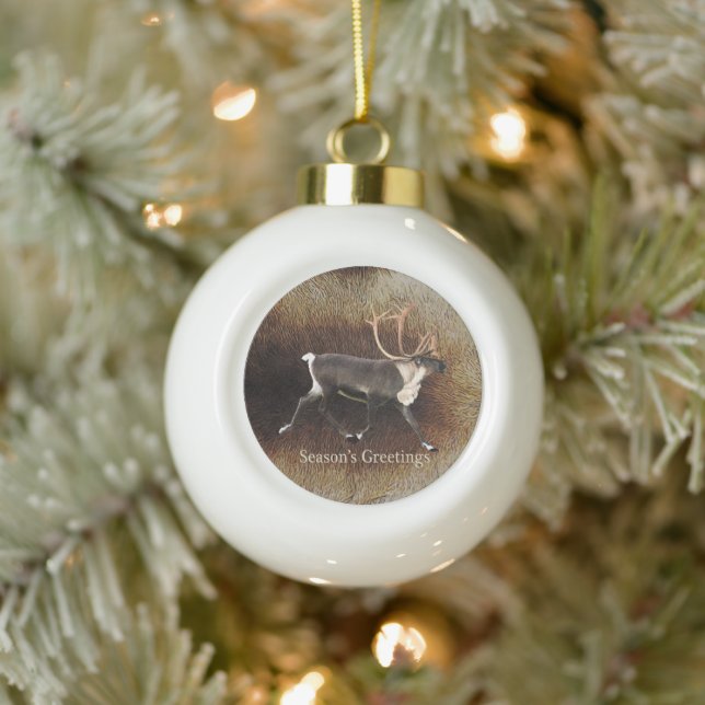 Season's Greeting - Bull Caribou (Reindeer) Ceramic Ball Christmas Ornament (Tree)