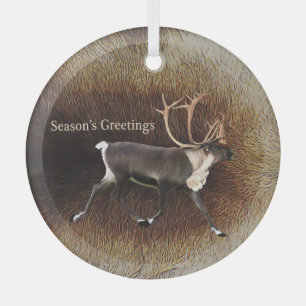 Season's Greeting - Bull Caribou (Reindeer) Glass Ornament