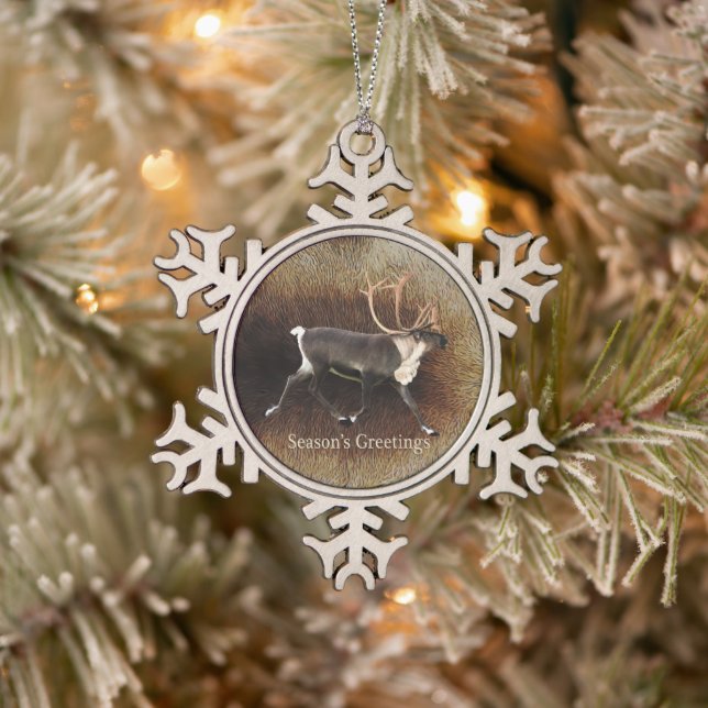 Season's Greeting - Bull Caribou (Reindeer) Snowflake Pewter Christmas Ornament (Tree)