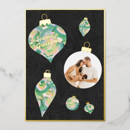 Seasons Greeting Christmas Ornaments Paint  Foil Holiday Card