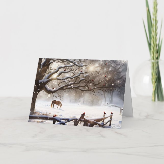 Seasons Greeting Country Horse in Snow Cardinals Holiday Card (Front)