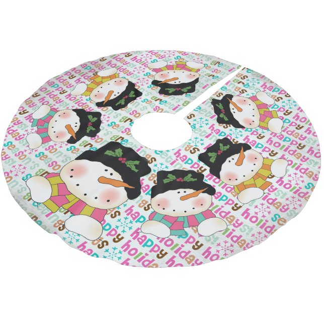 Seasons Greeting Happy Holidays Snowmen Tree Skirt (Angled)
