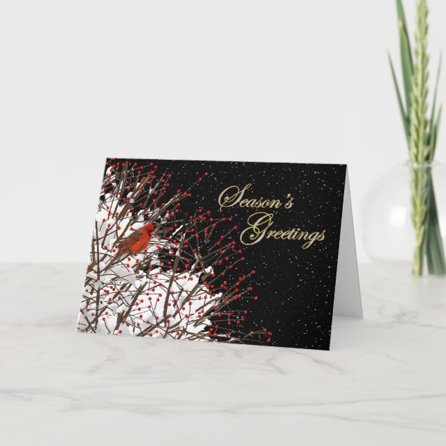 Season's Greeting - Holy Berries/Red Cardinal Holiday Card (Front)