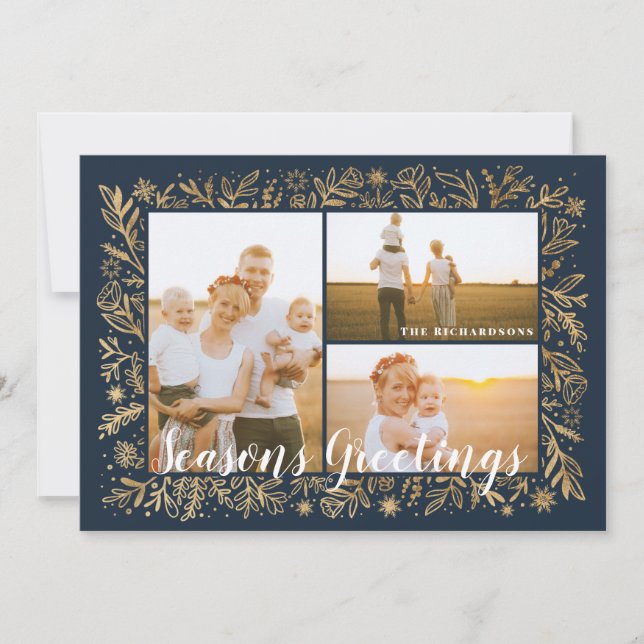 Seasons Greeting Navy & Gold Foliage & Snowflakes Holiday Card (Front)
