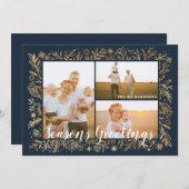 Seasons Greeting Navy & Gold Foliage & Snowflakes Holiday Card (Front/Back)