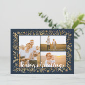 Seasons Greeting Navy & Gold Foliage & Snowflakes Holiday Card (Standing Front)