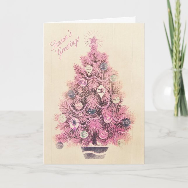 Season's Greeting Pink Christmas Tree Holiday Card (Front)