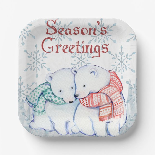 "Seasons Greeting Polar Bears" Paper Plates (Front)