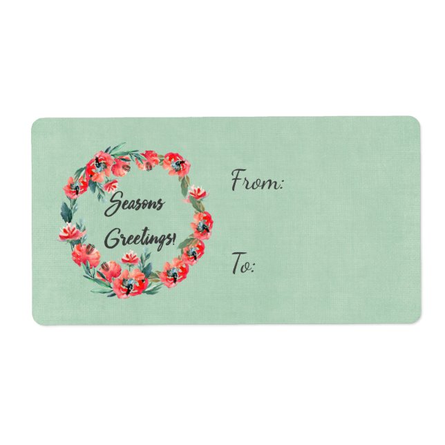 Seasons Greeting Red Floral Watercolor Wreath Label (Front)