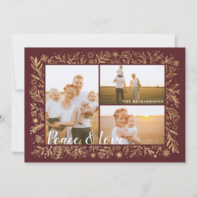 Seasons Greeting Red & Gold Foliage & Snowflakes Holiday Card (Front)