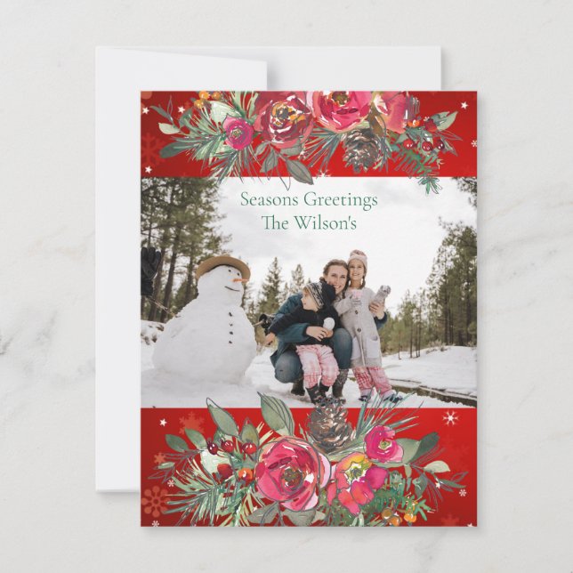 Seasons Greeting Red Green Pine Cones Bough Photo  Holiday Card (Front)