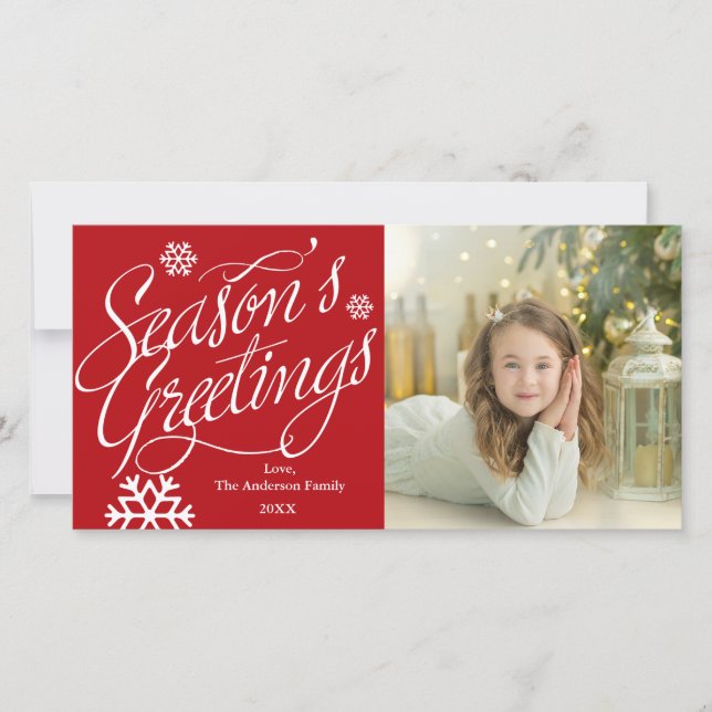 Seasons Greeting Script Red Holiday Photo Card (Front)