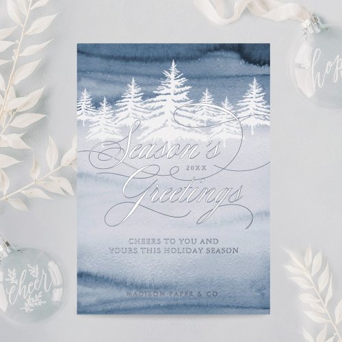 Seasons Greeting Script Winter Forest Business Foil Holiday Card