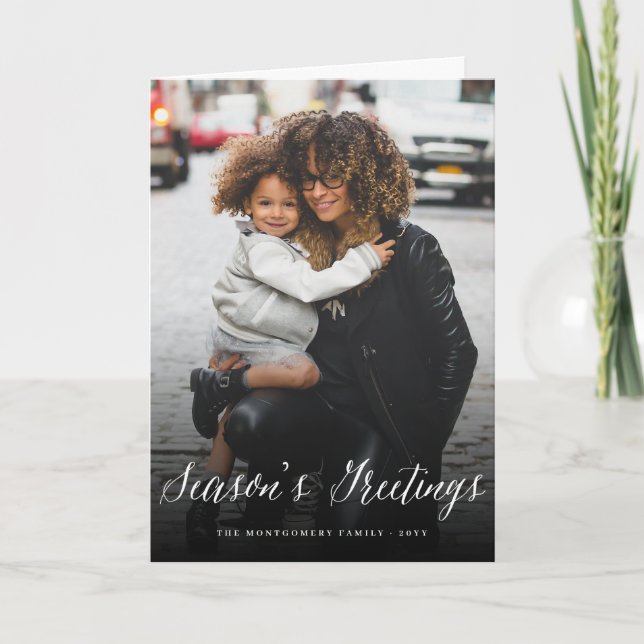 Season's Greeting Simple White Script Modern Photo Holiday Card (Front)