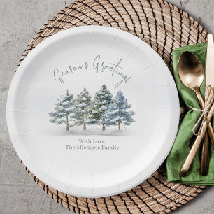 Season's Greeting Watercolor Christmas Trees Paper Plates