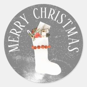 SEASONS GREETING WHITE CHRISTMAS STOCKING CLASSIC ROUND STICKER