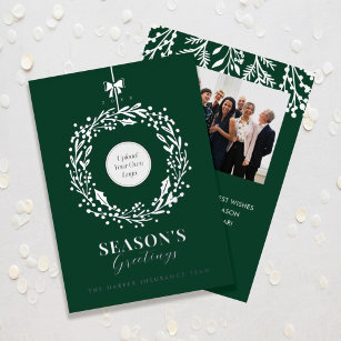  Season's Greeting Wreath Business Logo & Photo Foil Holiday Card