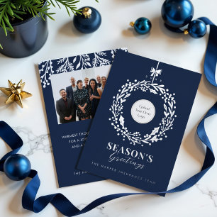  Season's Greeting Wreath Business Logo & Photo Foil Holiday Card