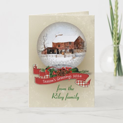 Seasons Greetings 2024 Snow Globe With Barn  Holiday Card