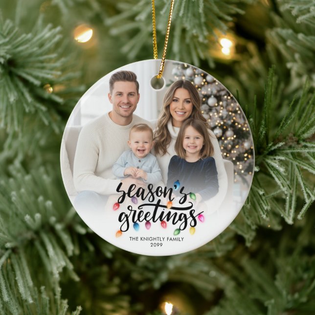 Seasons Greetings 2 Photos Christmas Lights Name Ceramic Ornament (Tree)