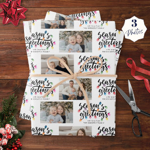 Seasons Greetings 3 Photos Christmas Lights Name Wrapping Paper Sheets