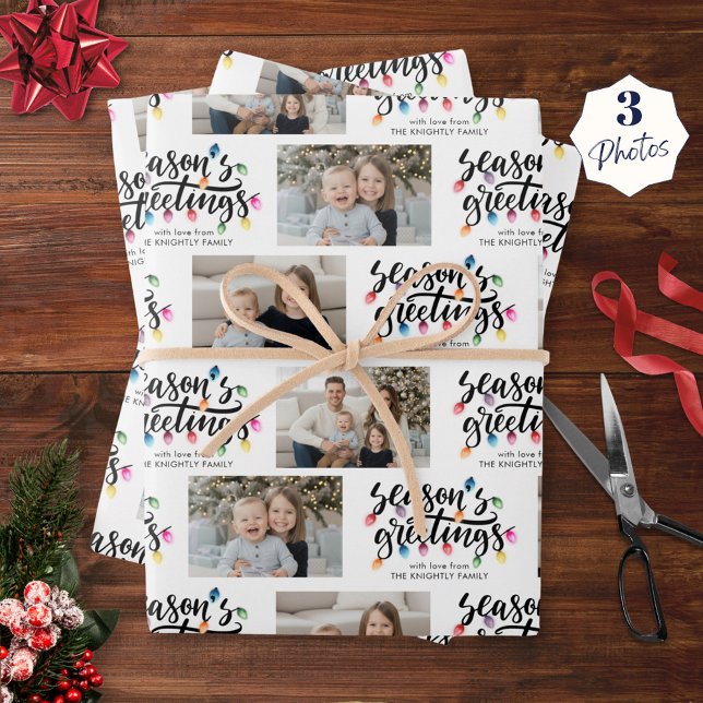 Seasons Greetings 3 Photos Christmas Lights Name Wrapping Paper Sheets (Creator Uploaded)