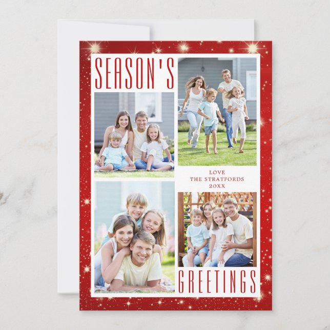 Seasons Greetings 4 Photo Collage Red Lights Holiday Card (Front)