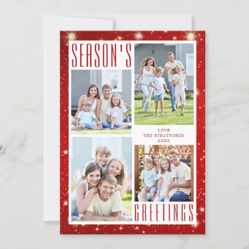 Seasons Greetings 4 Photo Collage Red Lights Holiday Card