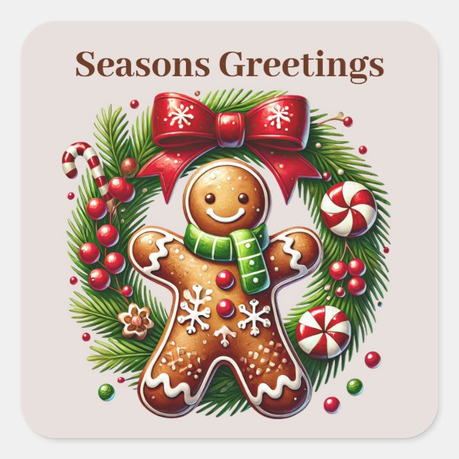 Seasons Greetings add text gingerbread  Square Sticker (Front)