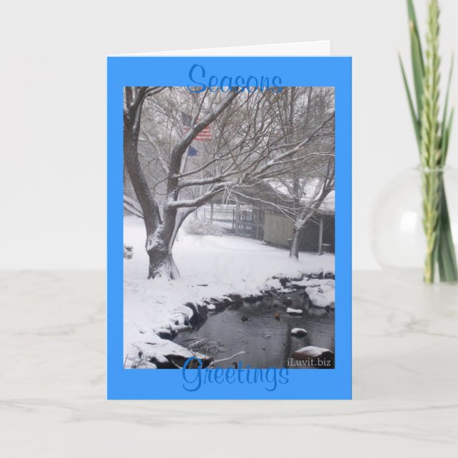 SEASONS GREETINGS - American Flag, Winter Scene Holiday Card (Front)