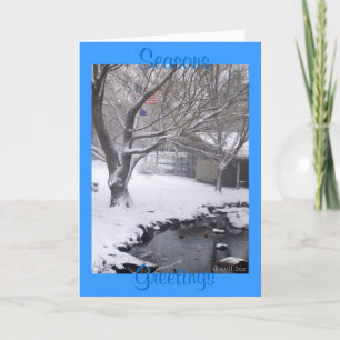 SEASONS GREETINGS - American Flag, Winter Scene Holiday Card