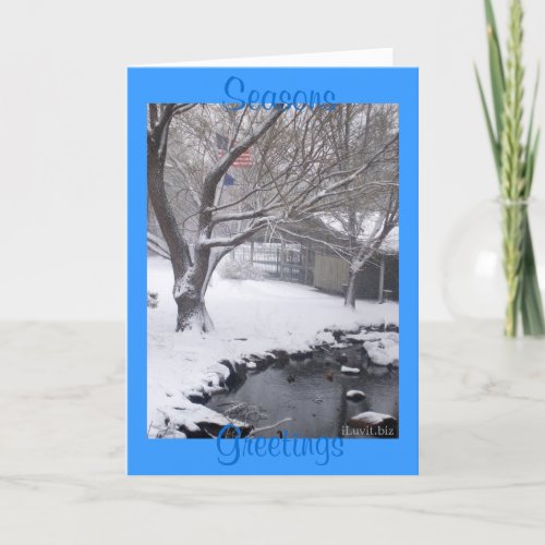 SEASONS GREETINGS _ American Flag Winter Scene Holiday Card