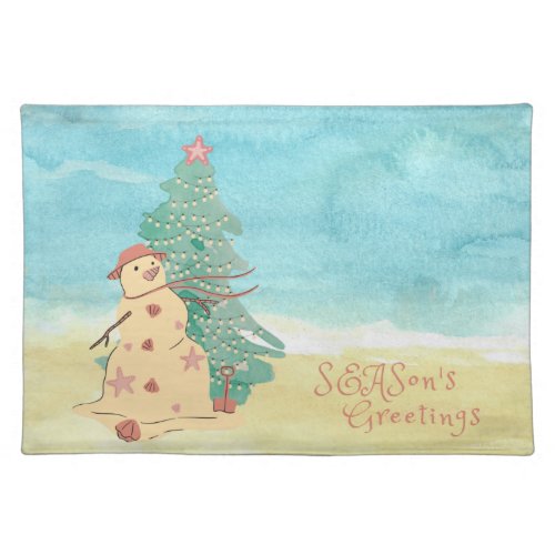 Seasons Greetings Beach Snowman Cloth Placemat