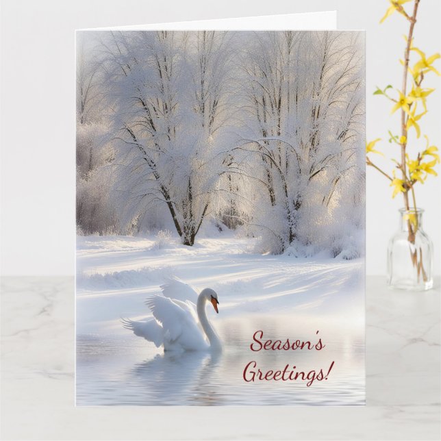 Seasons Greetings Beautiful Swan in the Snow Card (Yellow Flower)