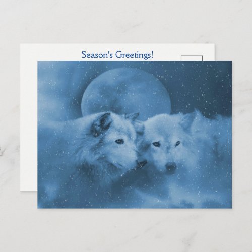 Seasons Greetings Beautiful Wolves Snow Moon Xmas Postcard