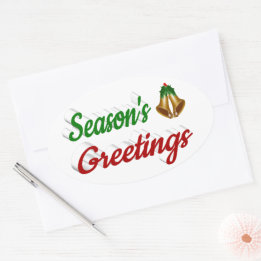 Seasons Greetings Bells Christmas red green script Oval Sticker
