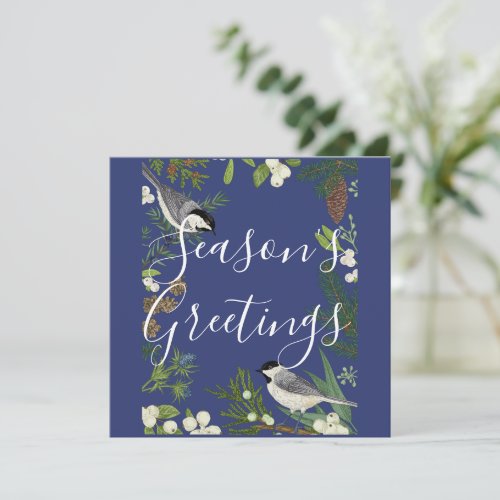 Seasons Greetings Birds  Evergreens Blue  Holiday Card