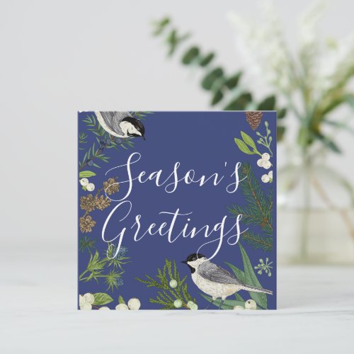 Seasons Greetings Birds  Evergreens Blue  Holiday Card