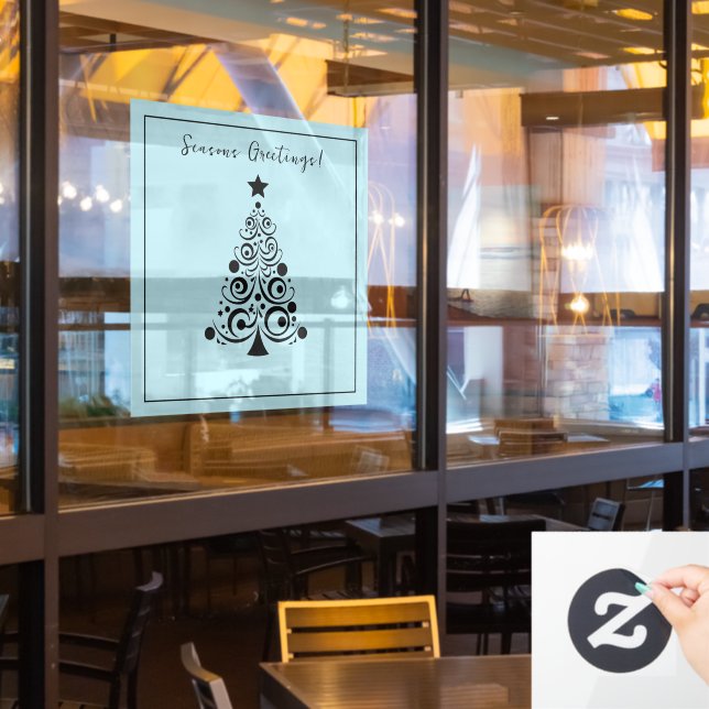 Seasons Greetings Black Christmas Tree on Green Window Cling (Restaurant Window)