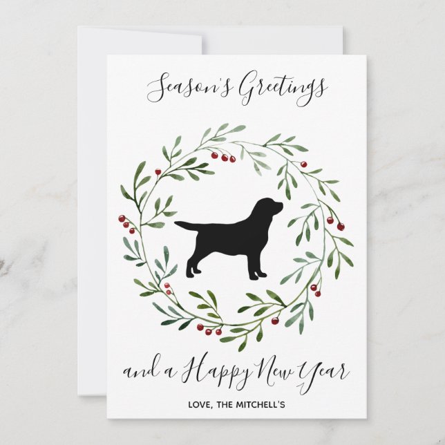 Seasons Greetings Black Labrador Elegant Dog Holiday Card (Front)