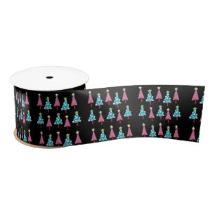 Seasons Greetings, Black Merry Christmas Trees Satin Ribbon