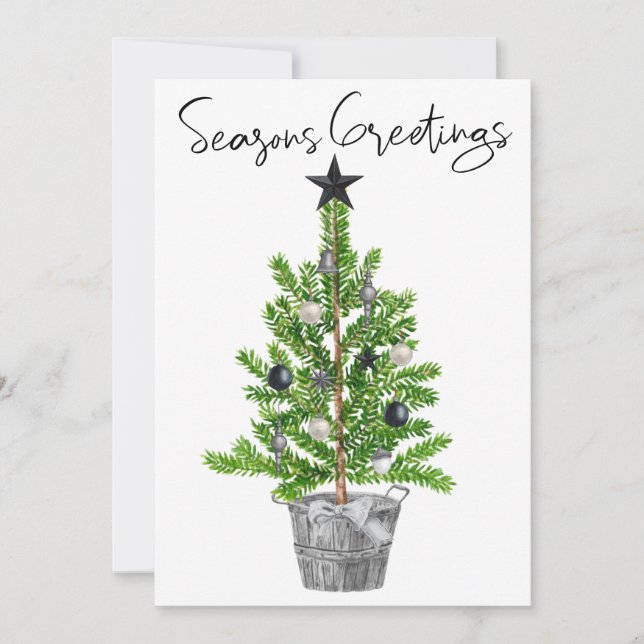 Seasons Greetings Black White Christmas Tree  Invitation (Front)