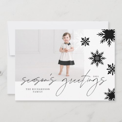 Seasons Greetings Black  White Snowflakes Family Holiday Card