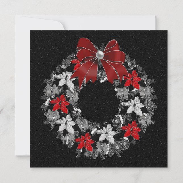 Season's Greetings Black with Silver Wreath Holiday Card (Front)