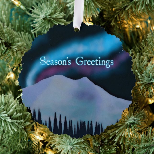 Season's Greetings - Blue Aurora Ornament Card (Insitu (Tree))