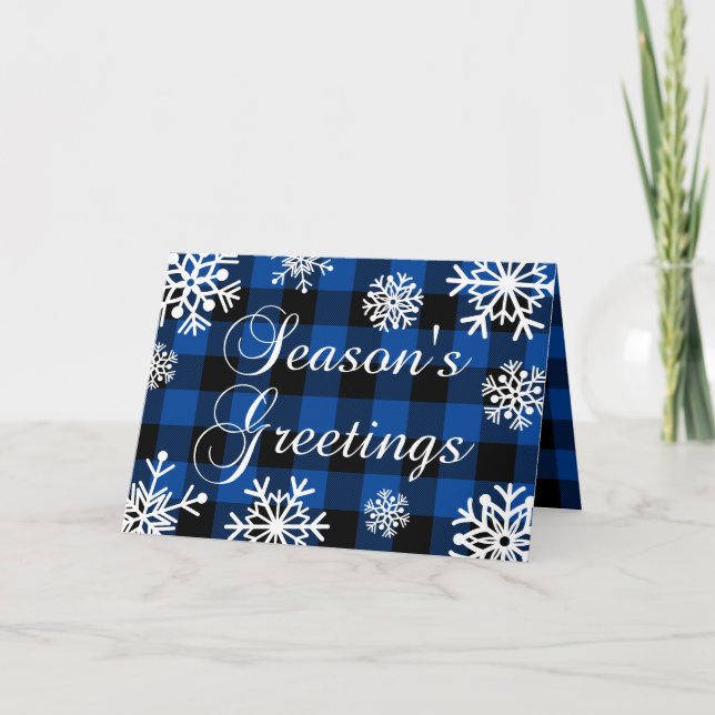 Season's Greetings Blue Buffalo Plaid Snowflakes Holiday Card (Front)