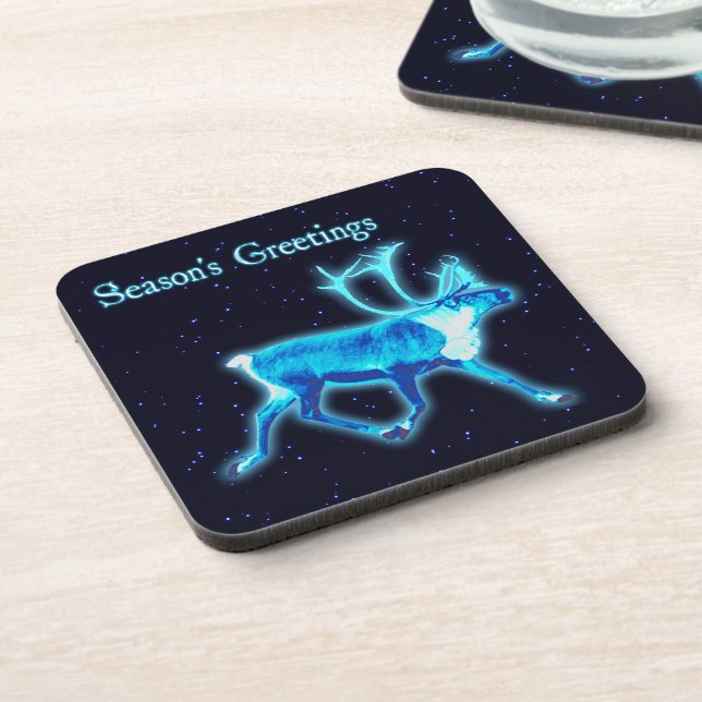 Season's Greetings - Blue Caribou (Reindeer) Beverage Coaster (Left Side)