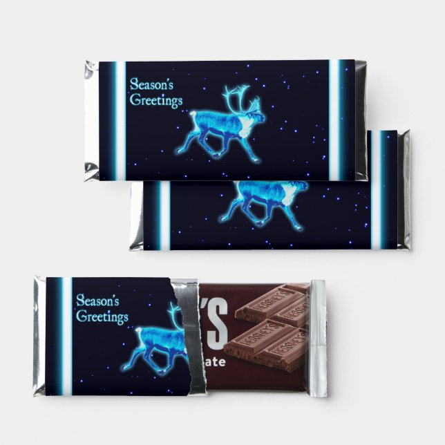 Season's Greetings - Blue Caribou (Reindeer) Hershey Bar Favors (Front)