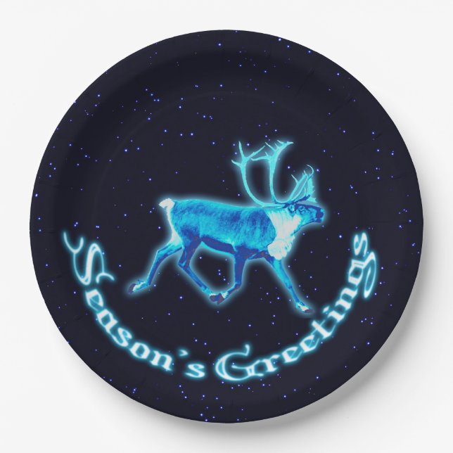 Season's Greetings - Blue Caribou (Reindeer) Paper Plates (Front)
